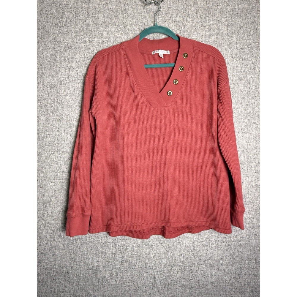 Seven7 Women's Long Sleeve V Neck Button Waffle Knit Henley Coral Rust Red SM/M